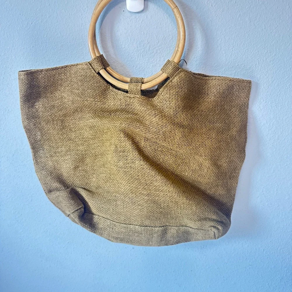 Unbranded Women Tan Burlap Raffia Floral Wooden Handle Boho Tote Bag Large